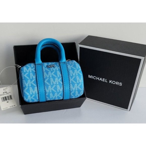 Michael Kors Micro Duffle Key Fob Perfect Sky Blue Signature Silver Hardware NWT - Picture 1 of 10